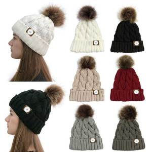 Horsetail Hair Ball Woolen Hat Warmth Twisted Hat Crimped Edge Knitted Hat fit 18mm snap button jewelry