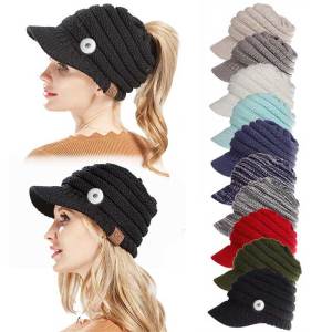 Labeled Baseball Cap Peaked Cap Back Opening Ponytail Hat Autumn and Winter Woolen Hat Ladies fit 18mm snap button jewelry