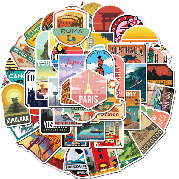 50pcs Travel city scenery  graffiti stickers decorative suitcase notebook waterproof detachable stickers