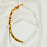 Pearl Necklace Stainless Steel Half Chain Half Pearl Stitching Connected Necklace Women