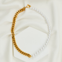 Pearl Necklace Stainless Steel Half Chain Half Pearl Stitching Connected Necklace Women