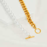 Pearl Necklace Stainless Steel Half Chain Half Pearl Stitching Connected Necklace Women