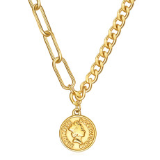Simple OT Buckle Stainless Steel 7mm Round English Queen Beauty Head Coin Pendant Necklace Female