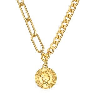Simple OT Buckle Stainless Steel 7mm Round English Queen Beauty Head Coin Pendant Necklace Female