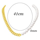 Pearl Necklace Stainless Steel Half Chain Half Pearl Stitching Connected Necklace Women