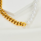 Pearl Necklace Stainless Steel Half Chain Half Pearl Stitching Connected Necklace Women
