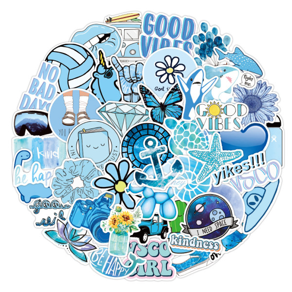 50pcs  Blue and fresh  graffiti stickers decorative suitcase notebook waterproof detachable stickers