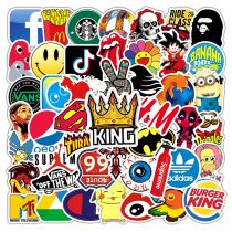 50pcs Collection of various brand logos  graffiti stickers decorative suitcase notebook waterproof detachable stickers