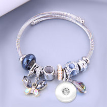 Stainless Steel Wire Bracelet Crystal Butterfly Tassel Beaded Bracelet Opening Adjustable Bracelet fit 20MM chunks snaps jewelry