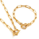 Valentine's Day Gift Stainless Steel Paper Clip Chain Personality OT Buckle Heart Shaped Bracelet Necklace Female Jewelry Set