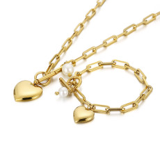 Valentine's Day Gift Stainless Steel Peach Heart Necklace OT Buckle Love Heart Clavicle Chain Set