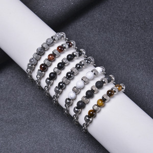 Stainless Steel Bracelet Double Tiger Eye Stone Bracelet Natural Stone Beaded Chain Bracelet