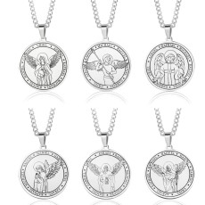 Stainless Steel Seven Angels Pendant Religious Necklace Round Brand Angel Wing Medal Necklace