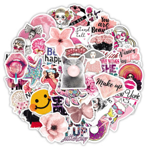 50pcs Pink fresh graffiti stickers decorative suitcase notebook waterproof detachable stickers
