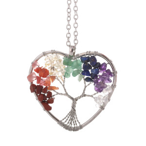 love Natural Crushed Stone Crystal Tree of Life Colorful Natural Stone Heart-Shaped Root Necklace