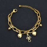 Stainless Steel Heart Pendant Round Gold Bracelet cross love