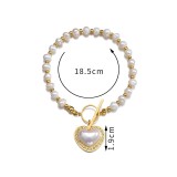 Stainless Steel Pearl Bead Chain Love Diamond Pendant OT Buckle Bracelet Women