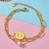 Stainless Steel Triple Dark Pattern Round Pearl Bracelet