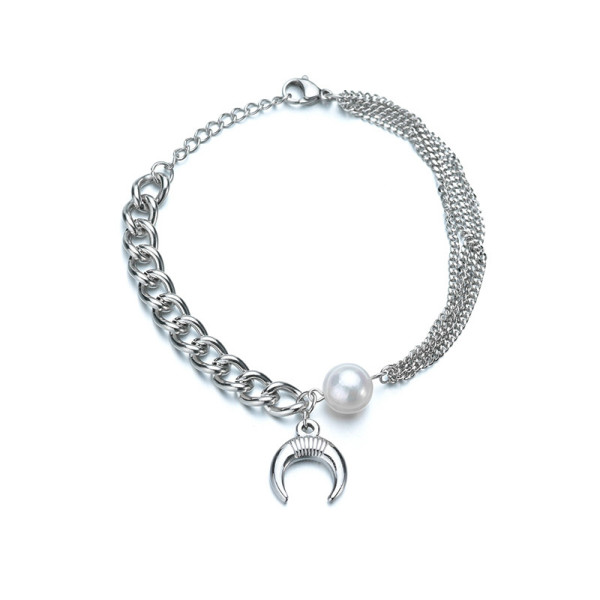 Stainless Steel Moon Pendant Pearl Panel Bracelet