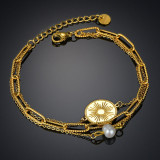 Stainless Steel Triple Dark Pattern Round Pearl Bracelet