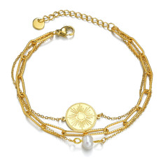 Stainless Steel Triple Dark Pattern Round Pearl Bracelet