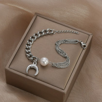 Stainless Steel Moon Pendant Pearl Panel Bracelet
