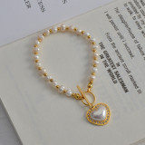 Stainless Steel Pearl Bead Chain Love Diamond Pendant OT Buckle Bracelet Women