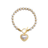 Stainless Steel Pearl Bead Chain Love Diamond Pendant OT Buckle Bracelet Women