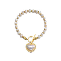 Stainless Steel Pearl Bead Chain Love Diamond Pendant OT Buckle Bracelet Women