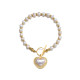 Stainless Steel Pearl Bead Chain Love Diamond Pendant OT Buckle Bracelet Women