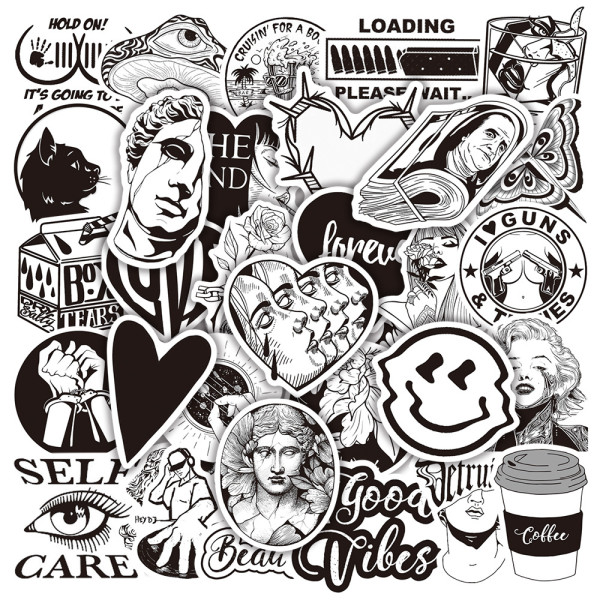 50pcs black and white ins graffiti stickers decorative suitcase notebook waterproof detachable stickers