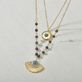 Stainless Steel Double Turquoise Diamond Scalloped Ginkgo Leaf Necklace Octagram Sun Necklace