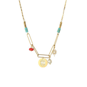 Gold turquoise hollow devil's eye stitching chain necklace women's stainless steel