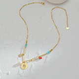 Gold turquoise hollow devil's eye stitching chain necklace women's stainless steel