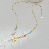 Gold turquoise hollow devil's eye stitching chain necklace women's stainless steel