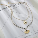 Stainless Steel Double Turquoise Diamond Scalloped Ginkgo Leaf Necklace Octagram Sun Necklace