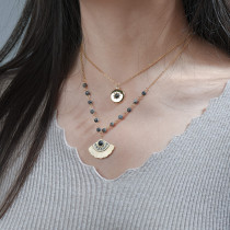 Stainless Steel Double Turquoise Diamond Scalloped Ginkgo Leaf Necklace Octagram Sun Necklace