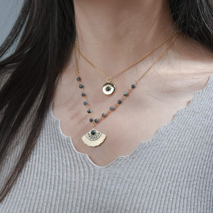 Stainless Steel Double Turquoise Diamond Scalloped Ginkgo Leaf Necklace Octagram Sun Necklace
