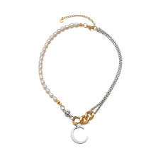 Moon Pearl Diamond Chain Letter Pendant Stainless Steel Necklace