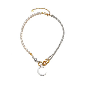 Moon Pearl Diamond Chain Letter Pendant Stainless Steel Necklace