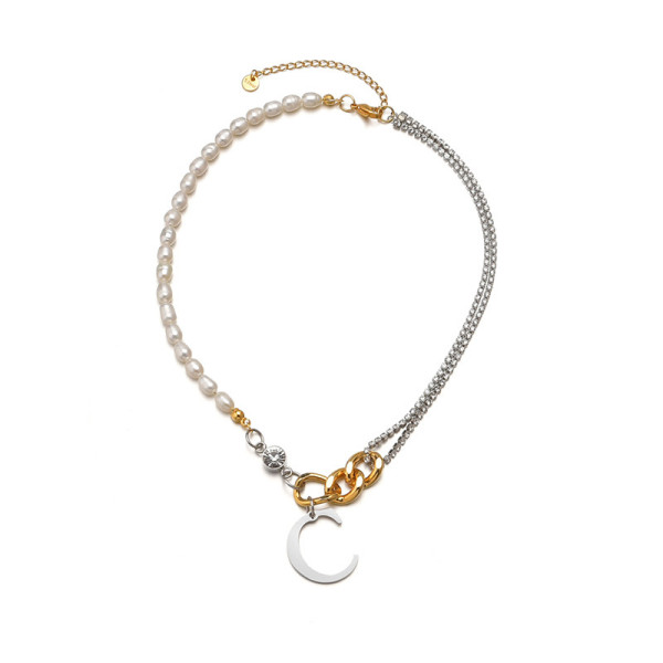 Moon Pearl Diamond Chain Letter Pendant Stainless Steel Necklace