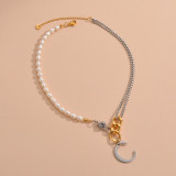 Moon Pearl Diamond Chain Letter Pendant Stainless Steel Necklace