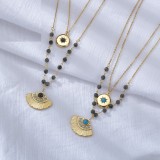 Stainless Steel Double Turquoise Diamond Scalloped Ginkgo Leaf Necklace Octagram Sun Necklace