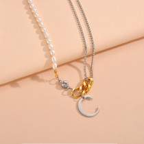 Moon Pearl Diamond Chain Letter Pendant Stainless Steel Necklace