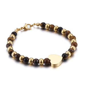 Tiger Eye Heart Stainless Steel Beaded Bracelet love