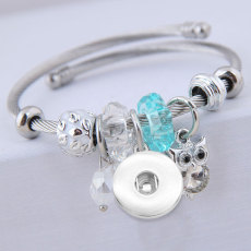 Stainless Steel Crystal Bracelet Beaded Owl Pendant Open Bracelet fit 20MM chunks snaps jewelry
