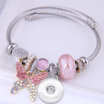Stainless Steel Wire Bracelet Crystal Butterfly Pearl Tassel Beaded Bracelet Opening Adjustable Bracelet fit 20MM chunks snaps jewelry