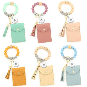 Silicone Bead Bracelet Solid Color Card Holder Keychain Wallet Leather Tassel Multi-Card Coin Purse fit 18mm snap button jewelry
