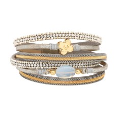Four Petal Flower Magnet Buckle Bracelet Opal Rhinestone Leather Bracelet