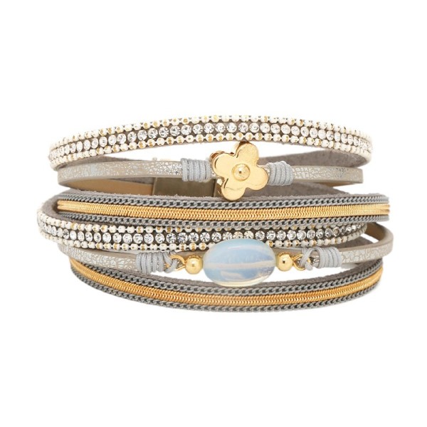 Four Petal Flower Magnet Buckle Bracelet Opal Rhinestone Leather Bracelet